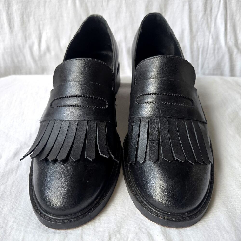 Sarah Chofakian Moma Women's Leather Fringe Loafers Shoes Black Size Brazil 37